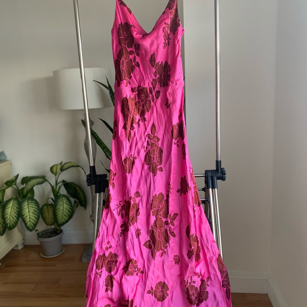 Zara Hot Pink Slip Dress with Brown Floral Print